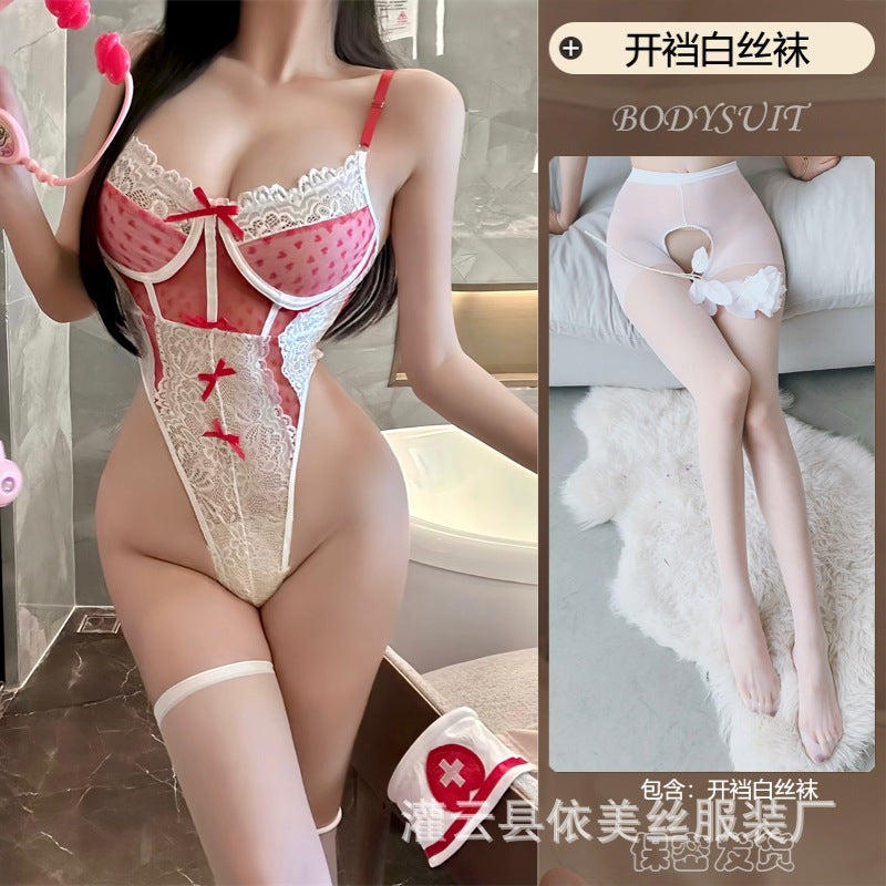 Image of Man Lust Erotic Lingerie Pure Lust Nurse Uniform Lace Bow Heart Shaped Sheer Jumpsuit Sexy Set 9276